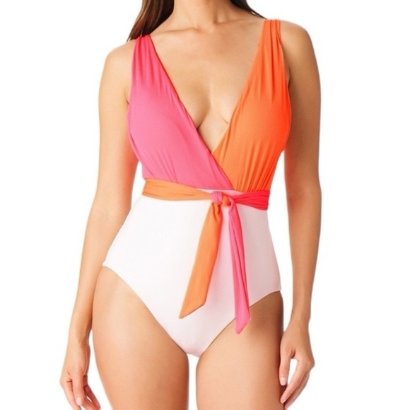 Sanctuary White Multi Colorblocked Tie Front One Piece Swimsuit Medium New - Picture 1 of 7